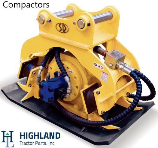 Compactor for excavators and backhoes. Hydraulic attachments for Komatsu, Caterpillar, Volvo, Hyundai, Hitachi, Kobelco, Doosan. Attachments for PC200, EC210B, R220LC-9S, EX200, 320D, SK210.